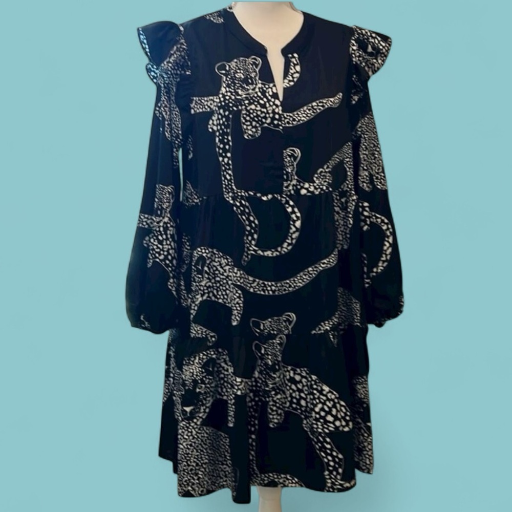 EUC women’s ANNIEWEAR los angelas M 8 10 Black Animal‎ Leopard Chettah Dress